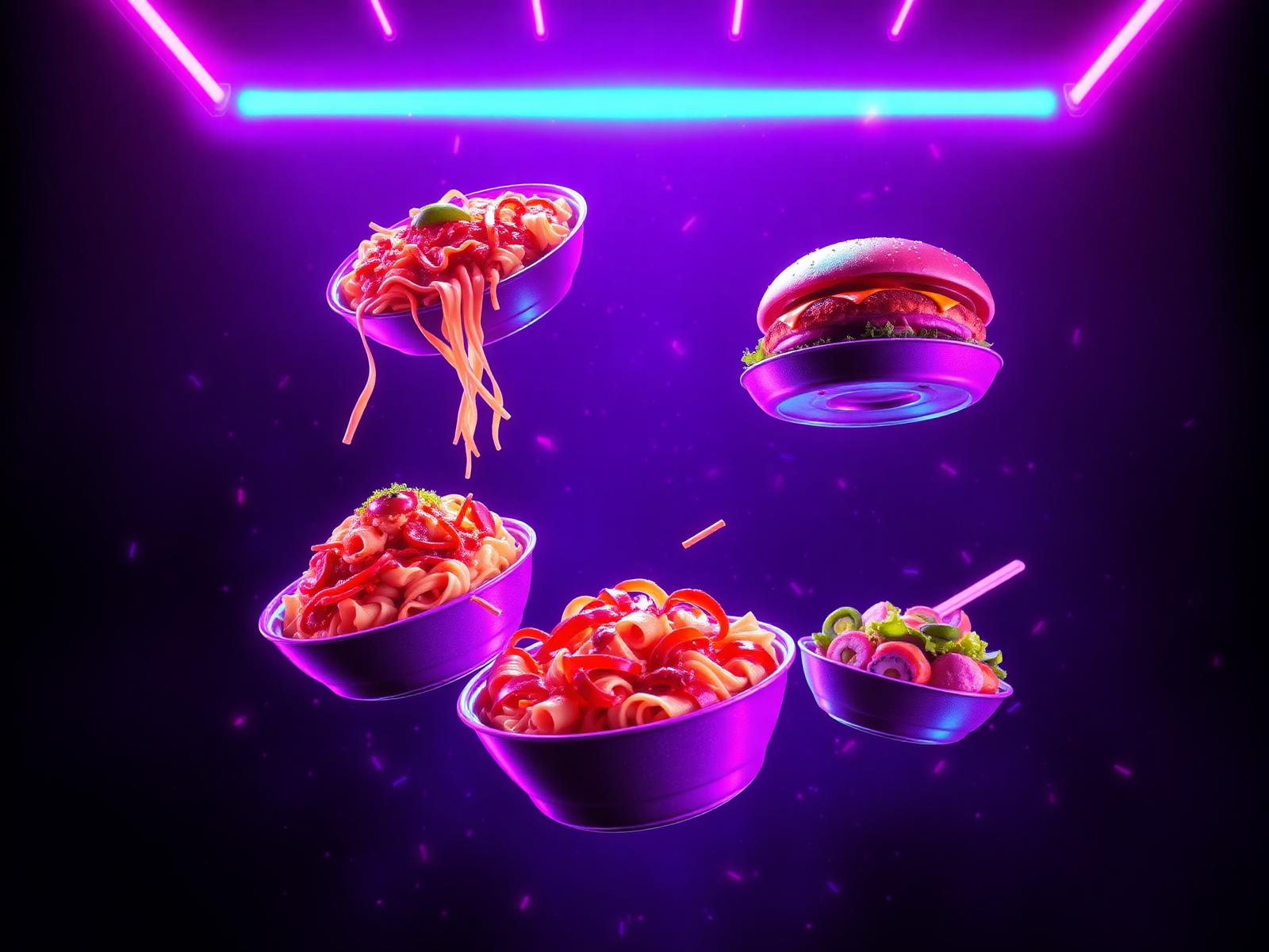 Vibrant floating food dishes lit by violet neon light